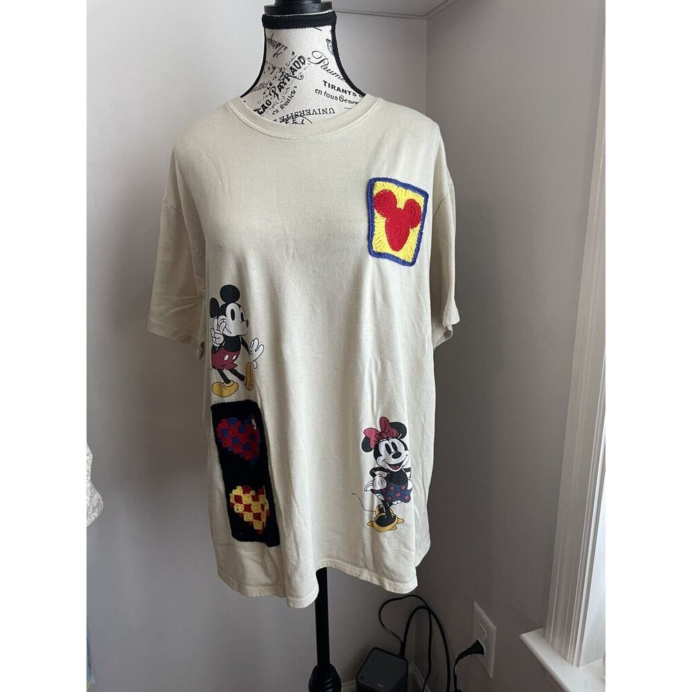 Cute Cream Color Disney T-shirt Mini/Micky Mouse with Crochet Squares Size XL